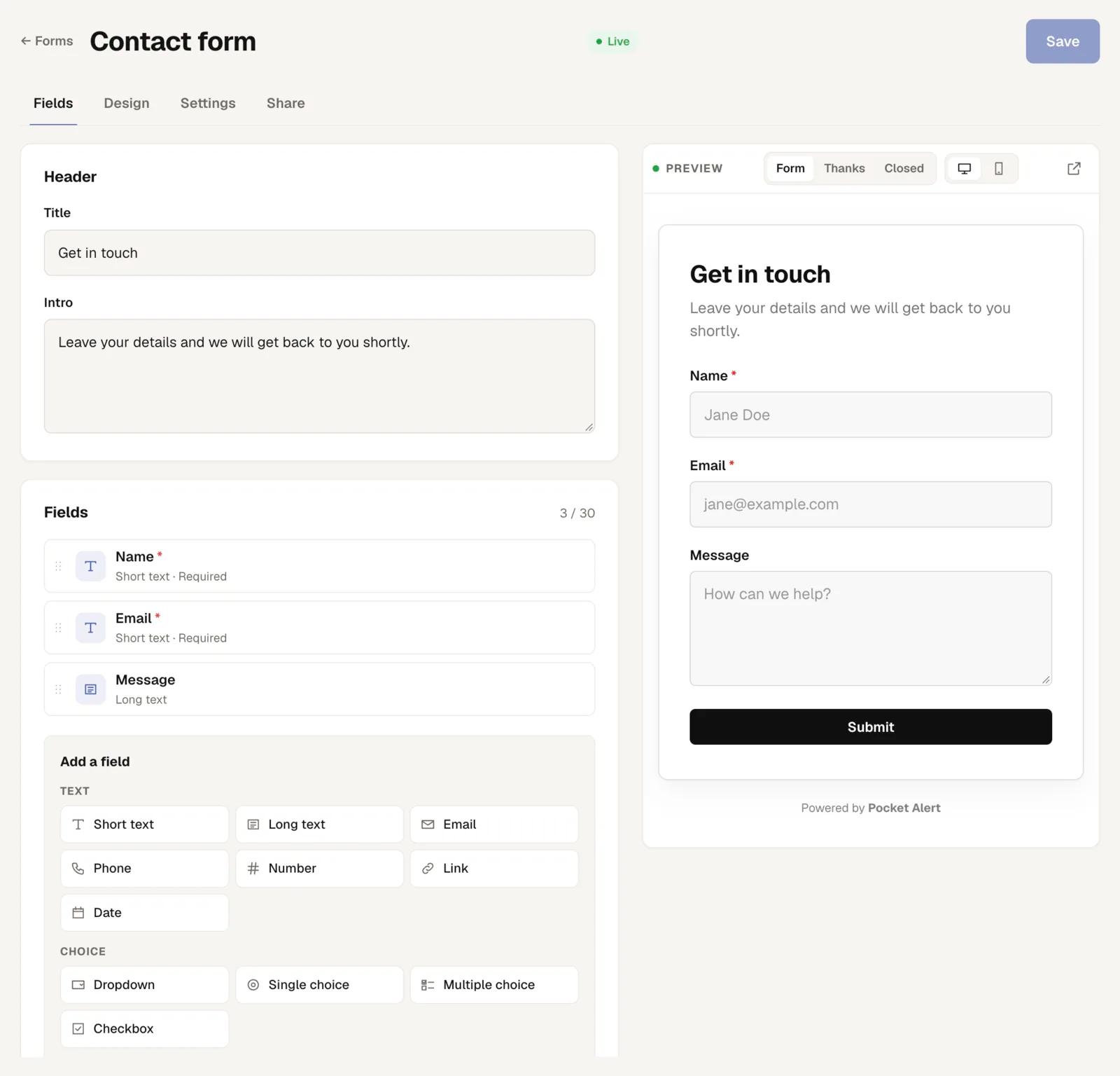 The Pocket Alert form builder: fields on the left, a live preview of the form on the right.