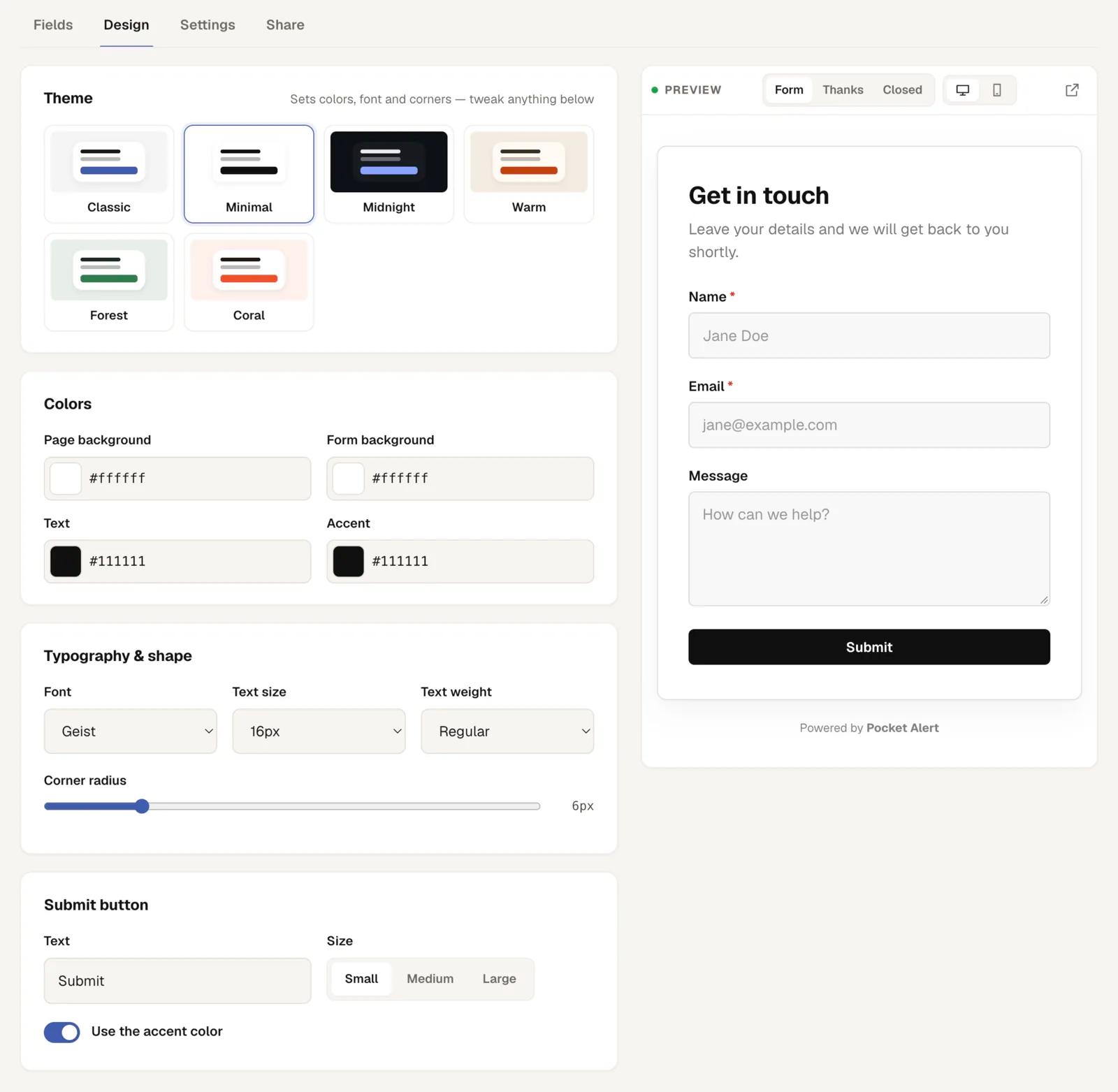 The design tab: themes, colours, fonts and corner radius.