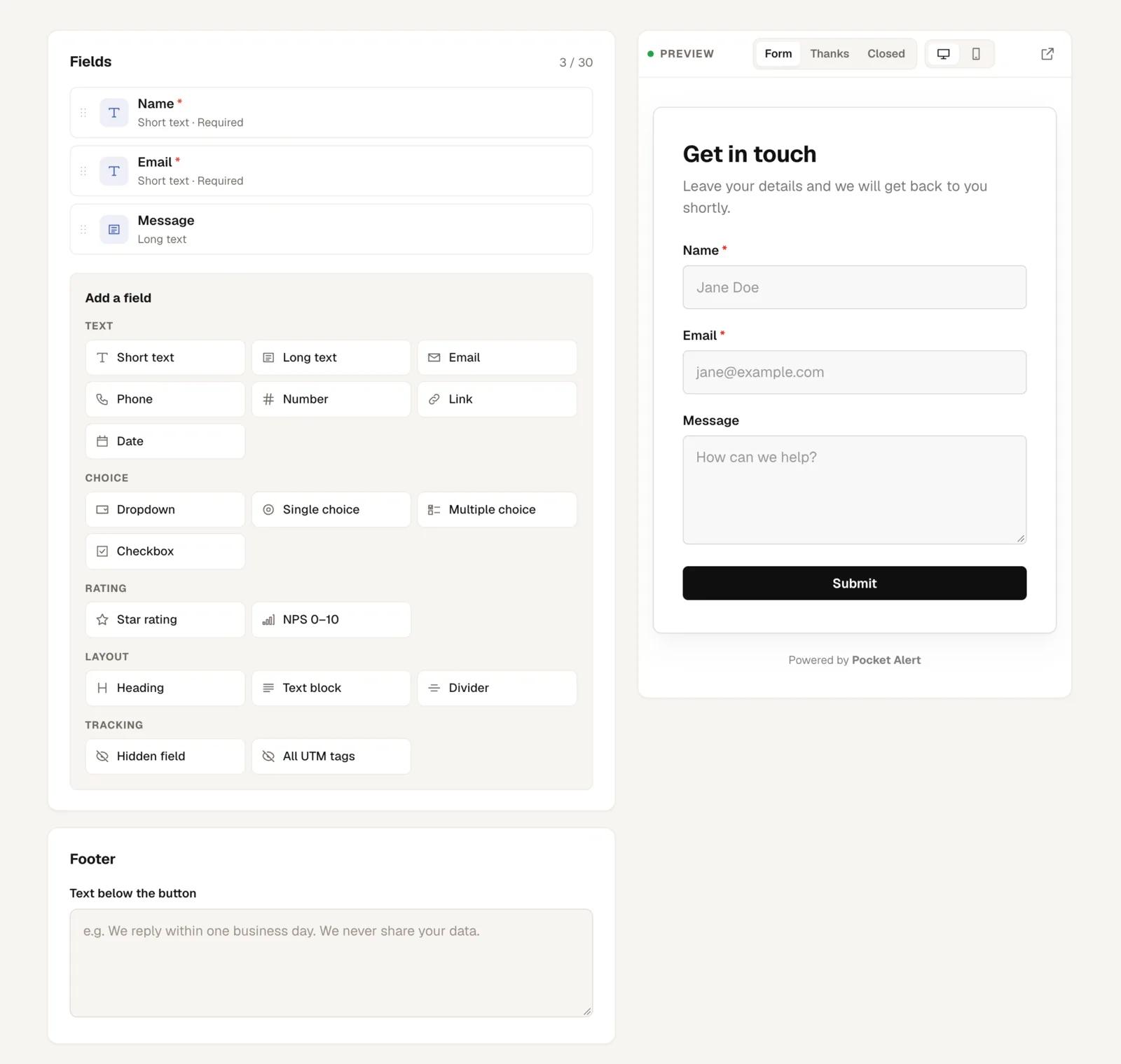 The field palette: text, choice, rating, layout and tracking fields.