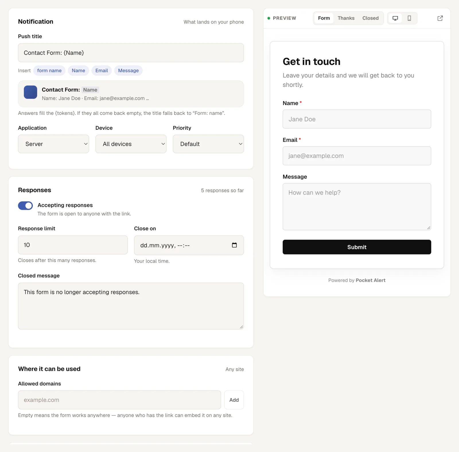 The settings tab: push title template, routing, response limits and allowed domains.