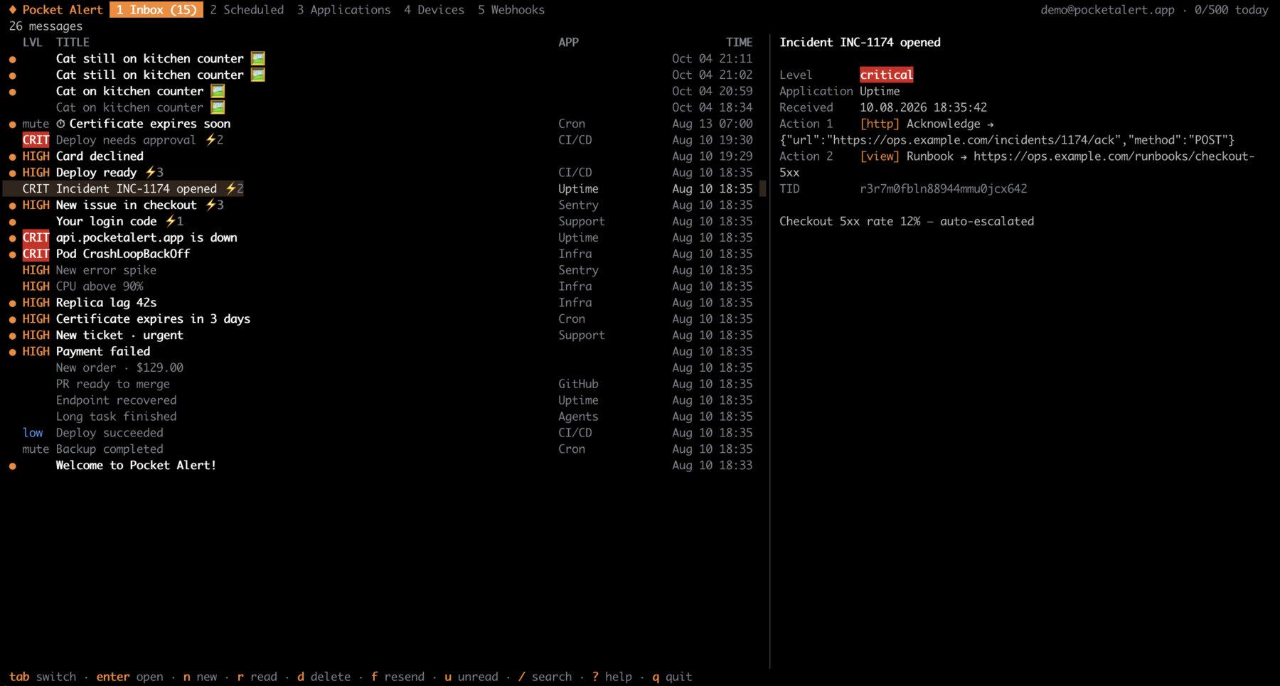 Pocket Alert CLI interactive mode: inbox with a message preview
