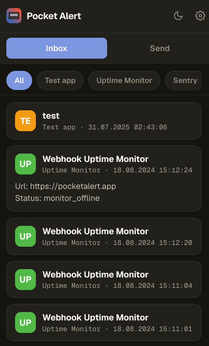 Pocket Alert extension inbox in dark mode