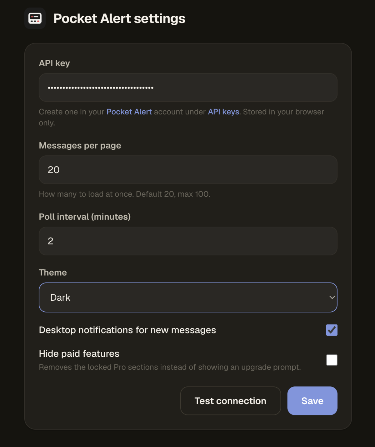 Pocket Alert extension settings