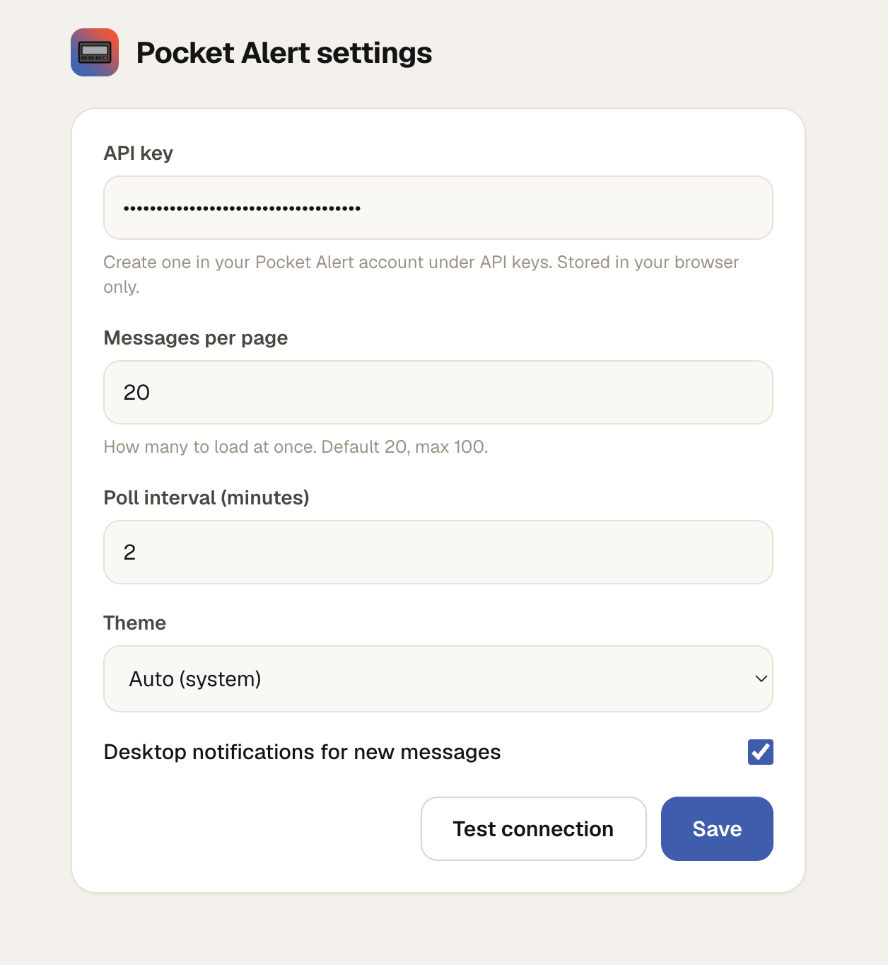 Pocket Alert extension settings