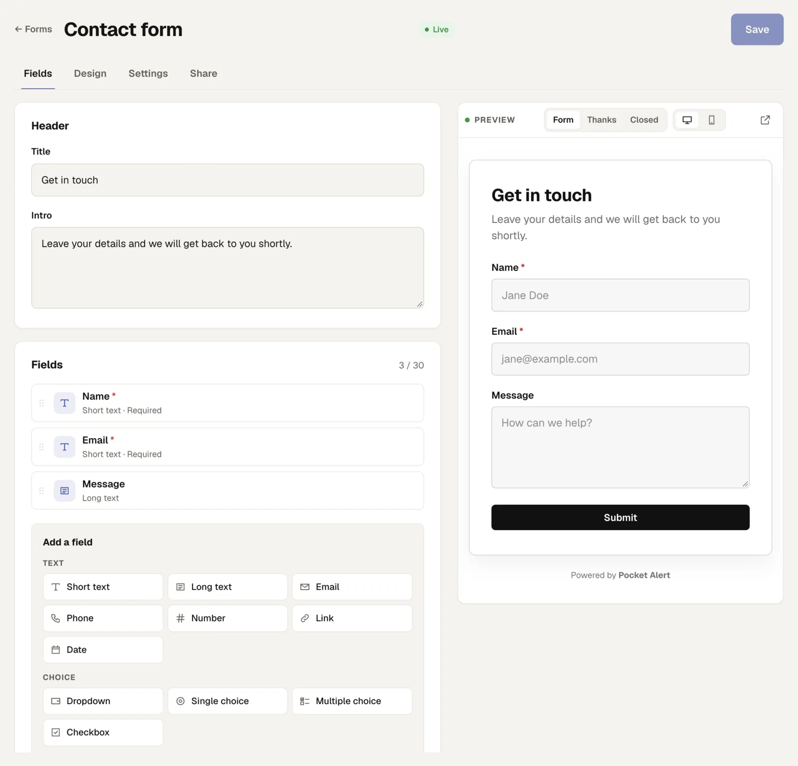 The form builder: fields on the left, live preview on the right