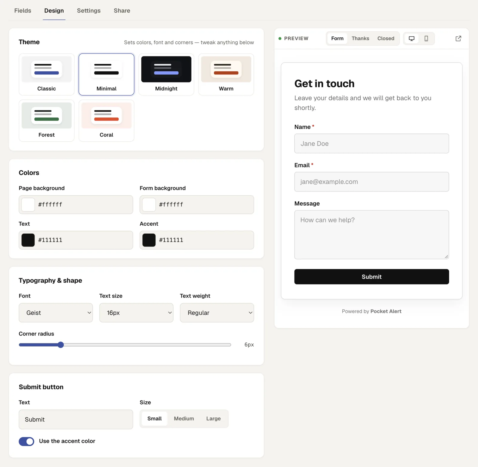 The design tab: themes, colours, fonts and corners