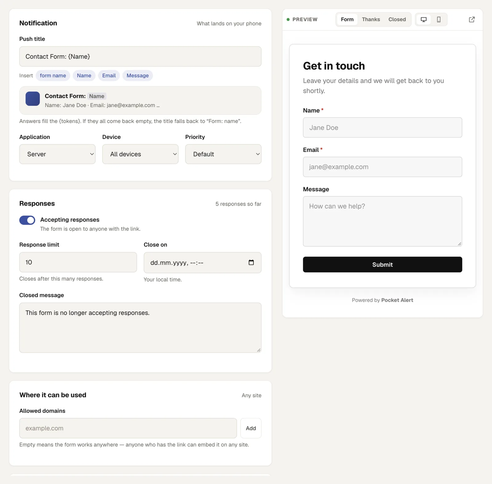 The settings tab: push title, routing, limits and allowed domains